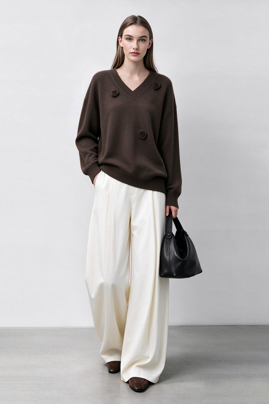 V-Neck Drop-Shoulder Crochet Sweater|AMII
