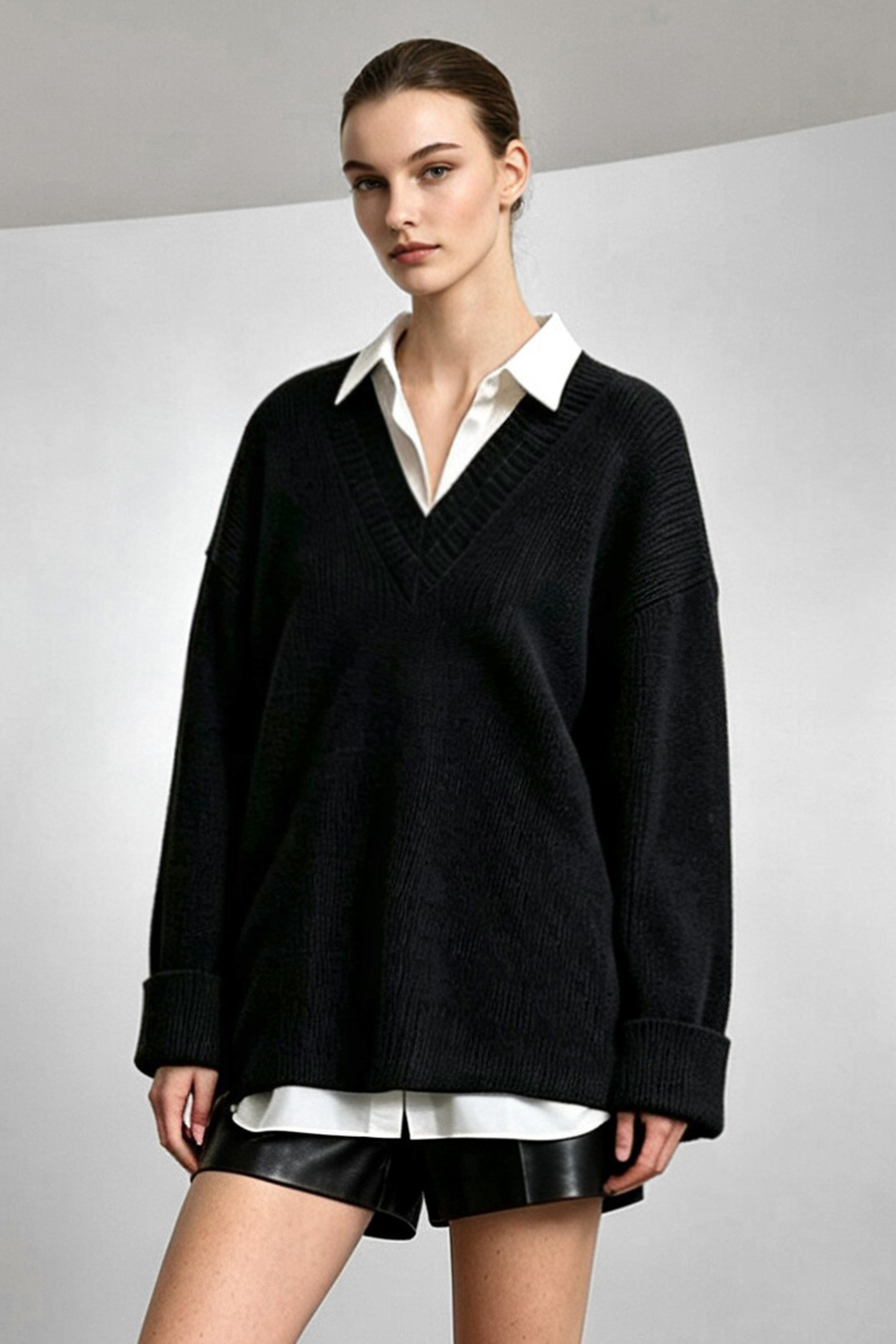 Double-Layer V-Neck Drop-Shoulder Sweater|AMII