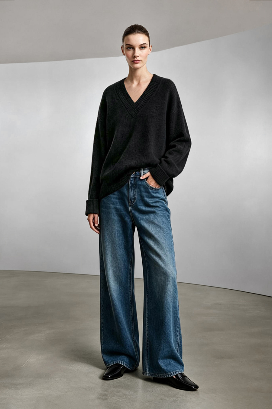 Double-Layer V-Neck Drop-Shoulder Sweater|AMII