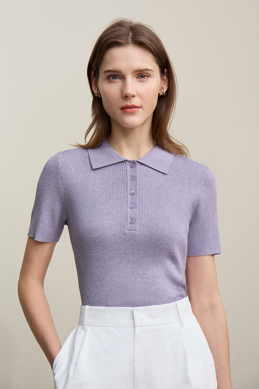 Polo collar knit sweater|AMII