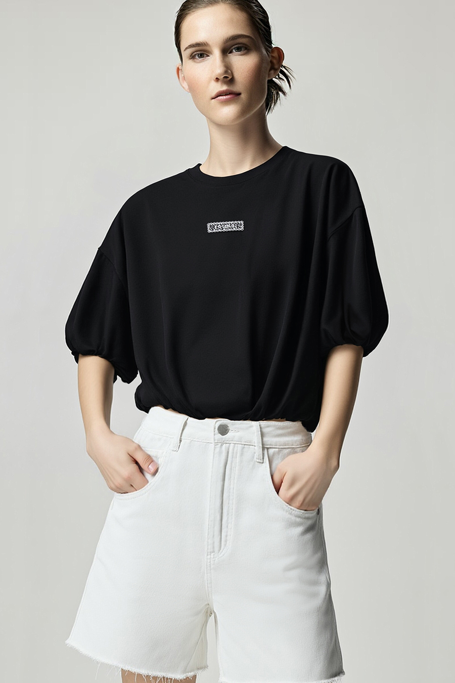 Round Neck Lantern Sleeve T-Shirt|AMII