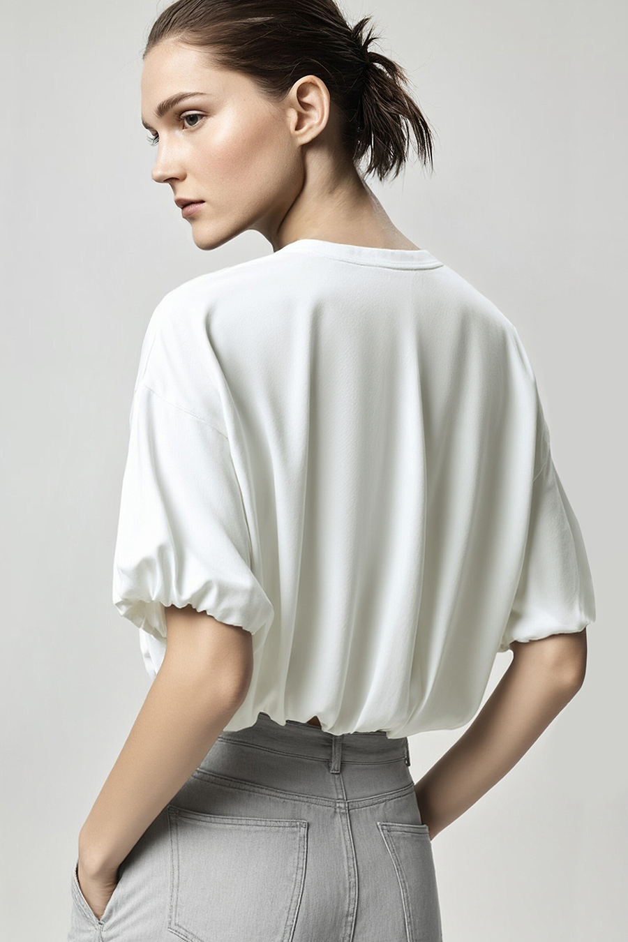 Round Neck Lantern Sleeve T-Shirt|AMII