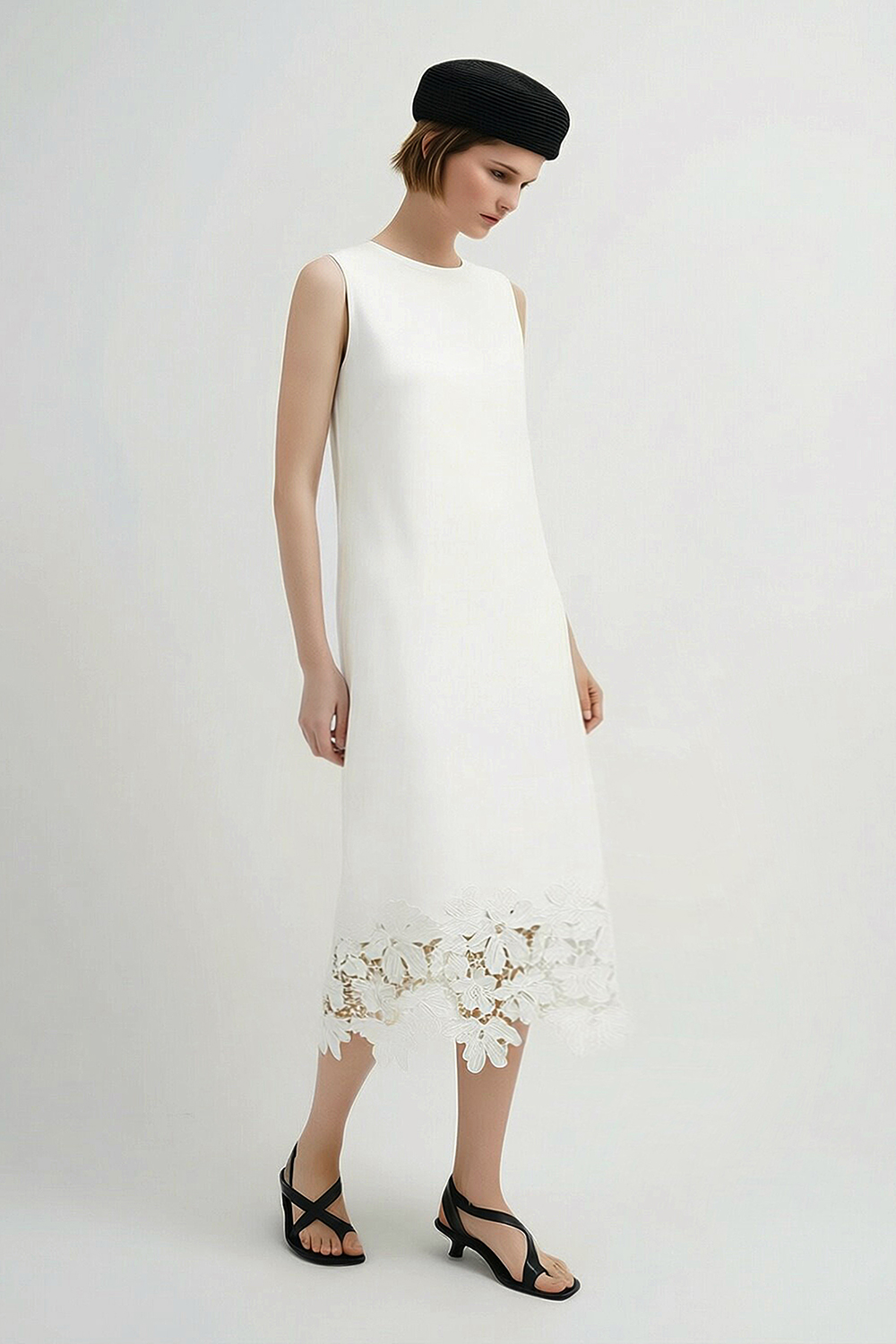 Lace Spliced Crew Neck Dress