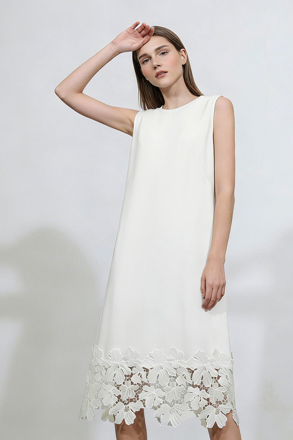 Lace Spliced Crew Neck Dress