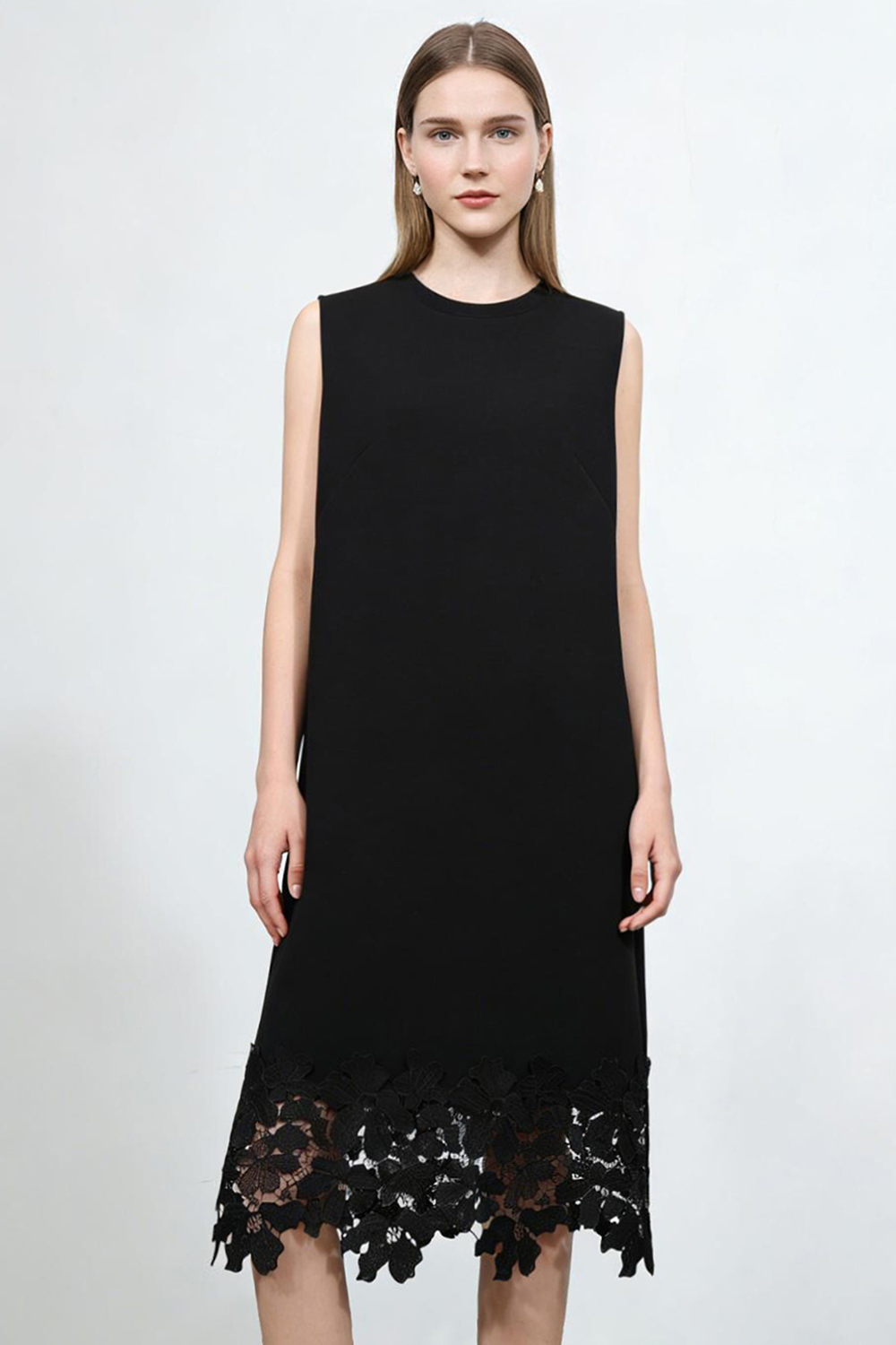 Lace Spliced Crew Neck Dress