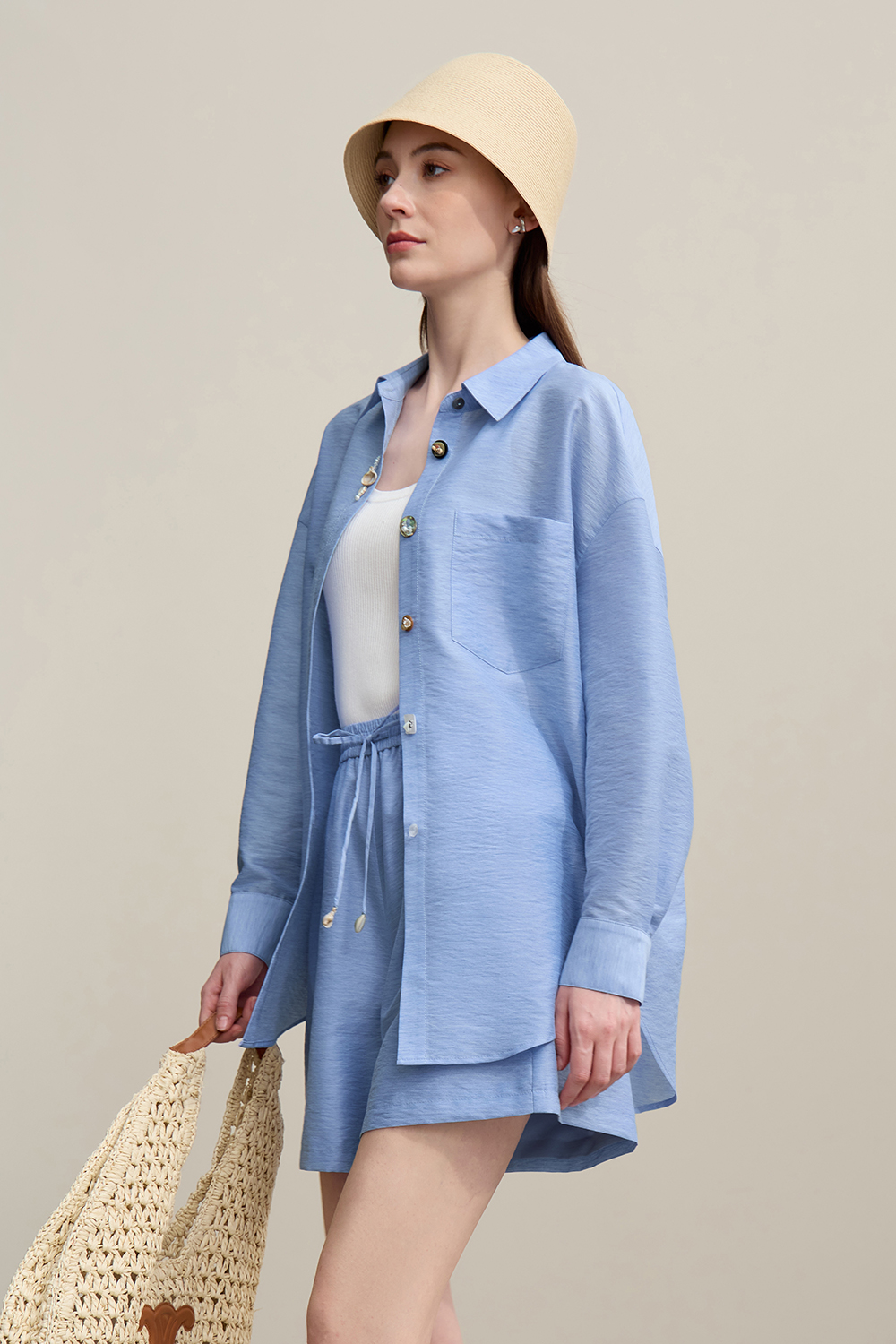 Vacation Drop Shoulder Shirt+Casual Shorts