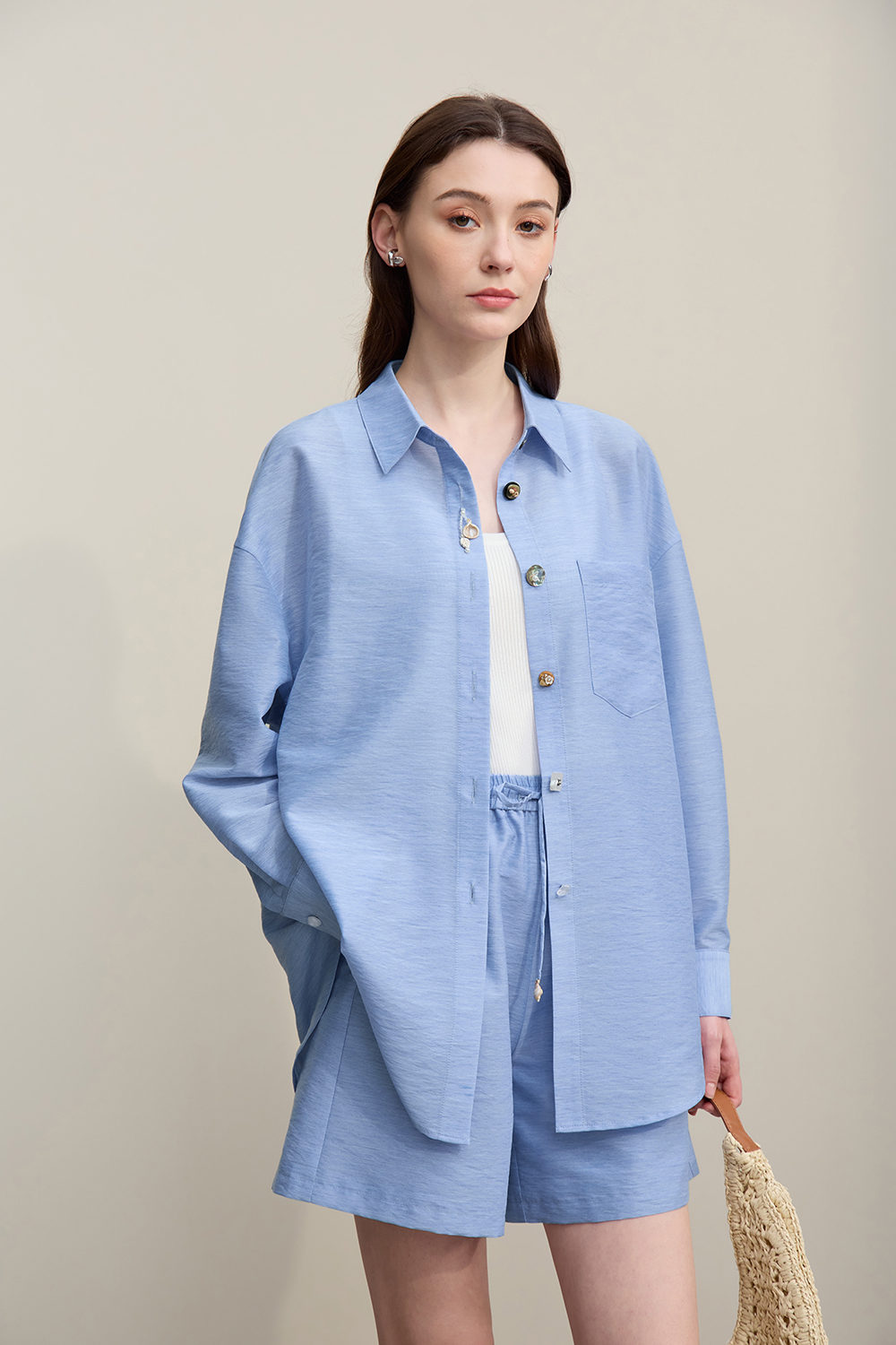 Vacation Drop Shoulder Shirt+Casual Shorts