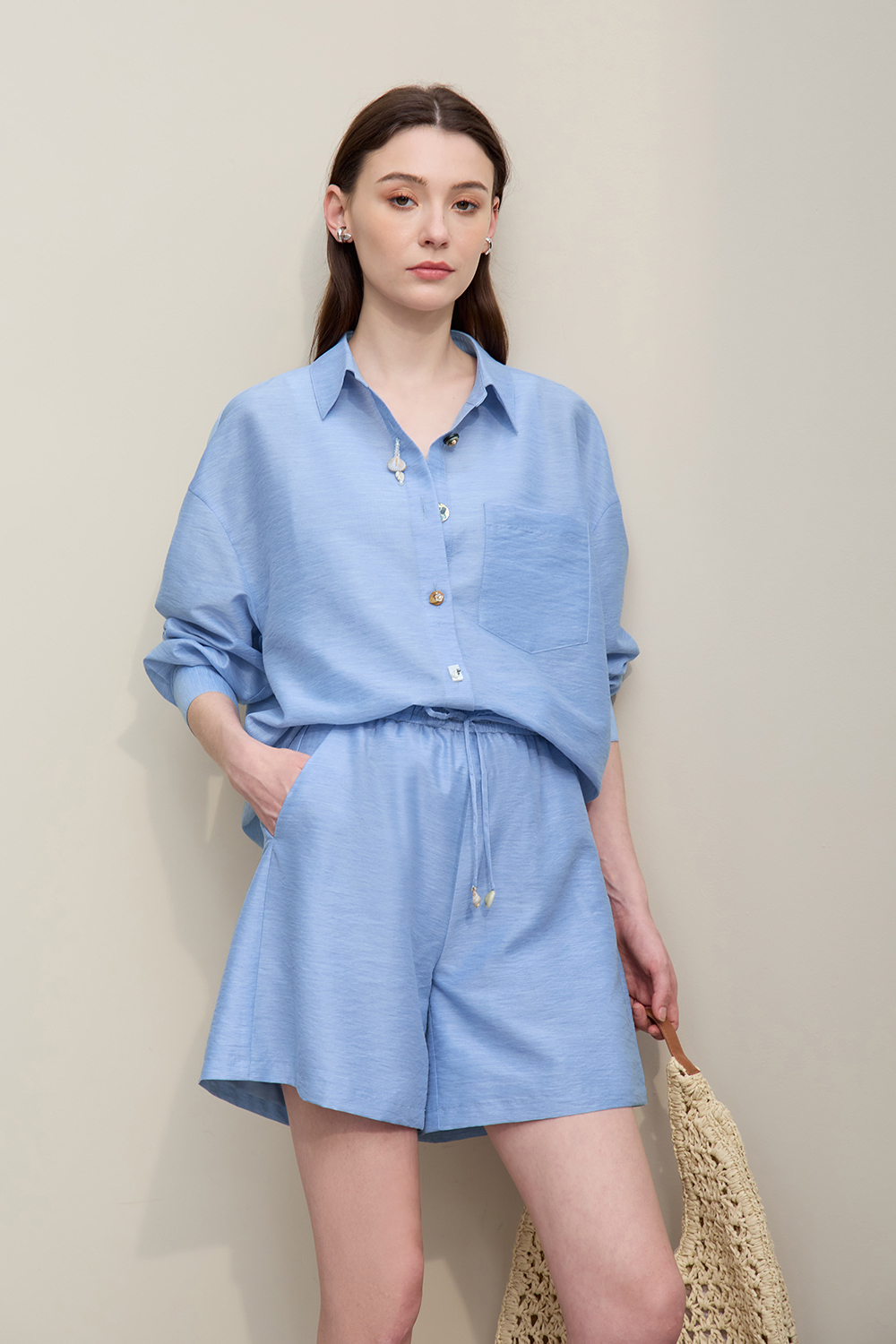 Vacation Drop Shoulder Shirt+Casual Shorts