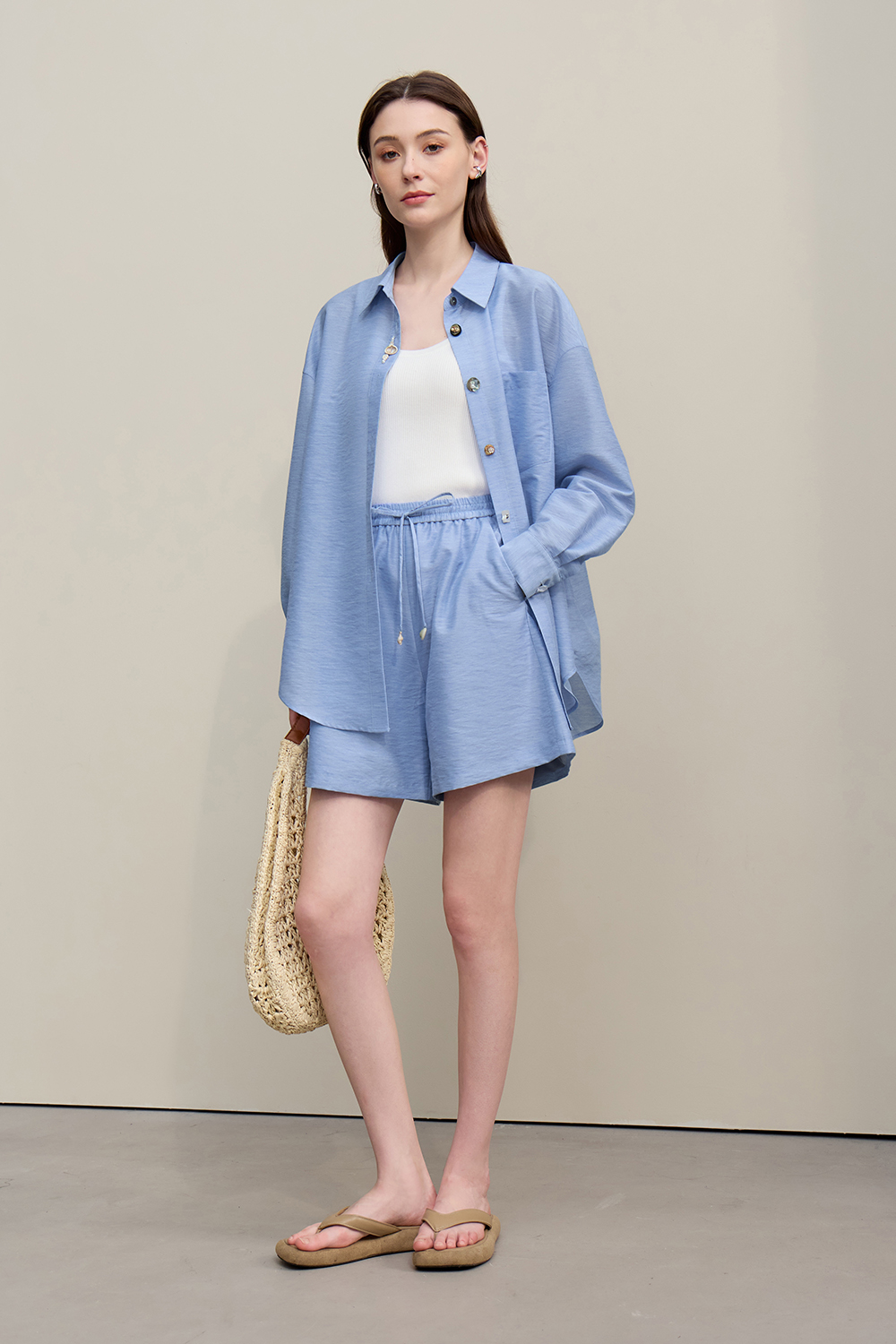 Vacation Drop Shoulder Shirt+Casual Shorts