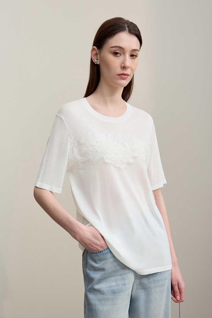 Lace Trim Knit Sweater|AMII