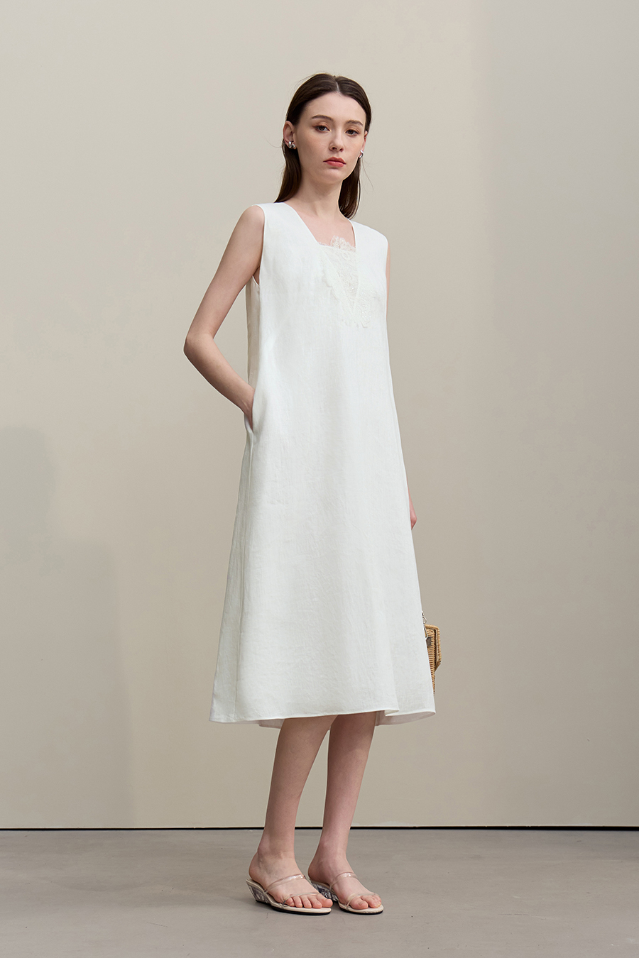 V-Neck Pure Linen Dress|AMII