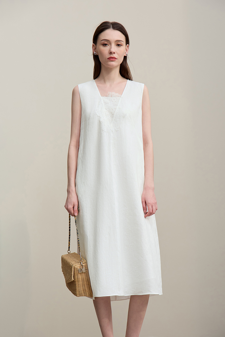 V-Neck Pure Linen Dress|AMII