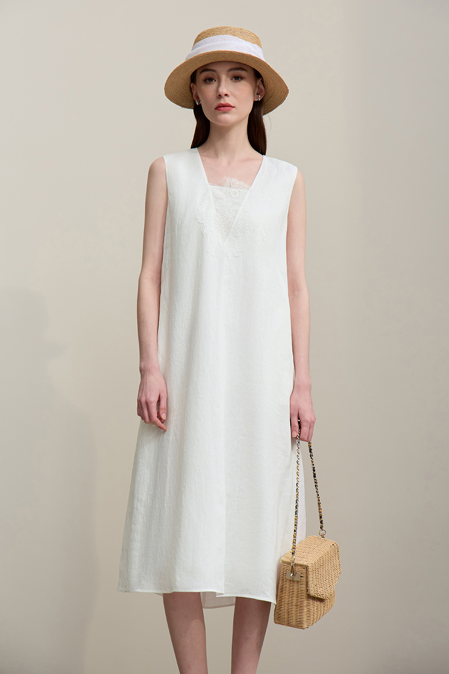 V-Neck Pure Linen Dress|AMII
