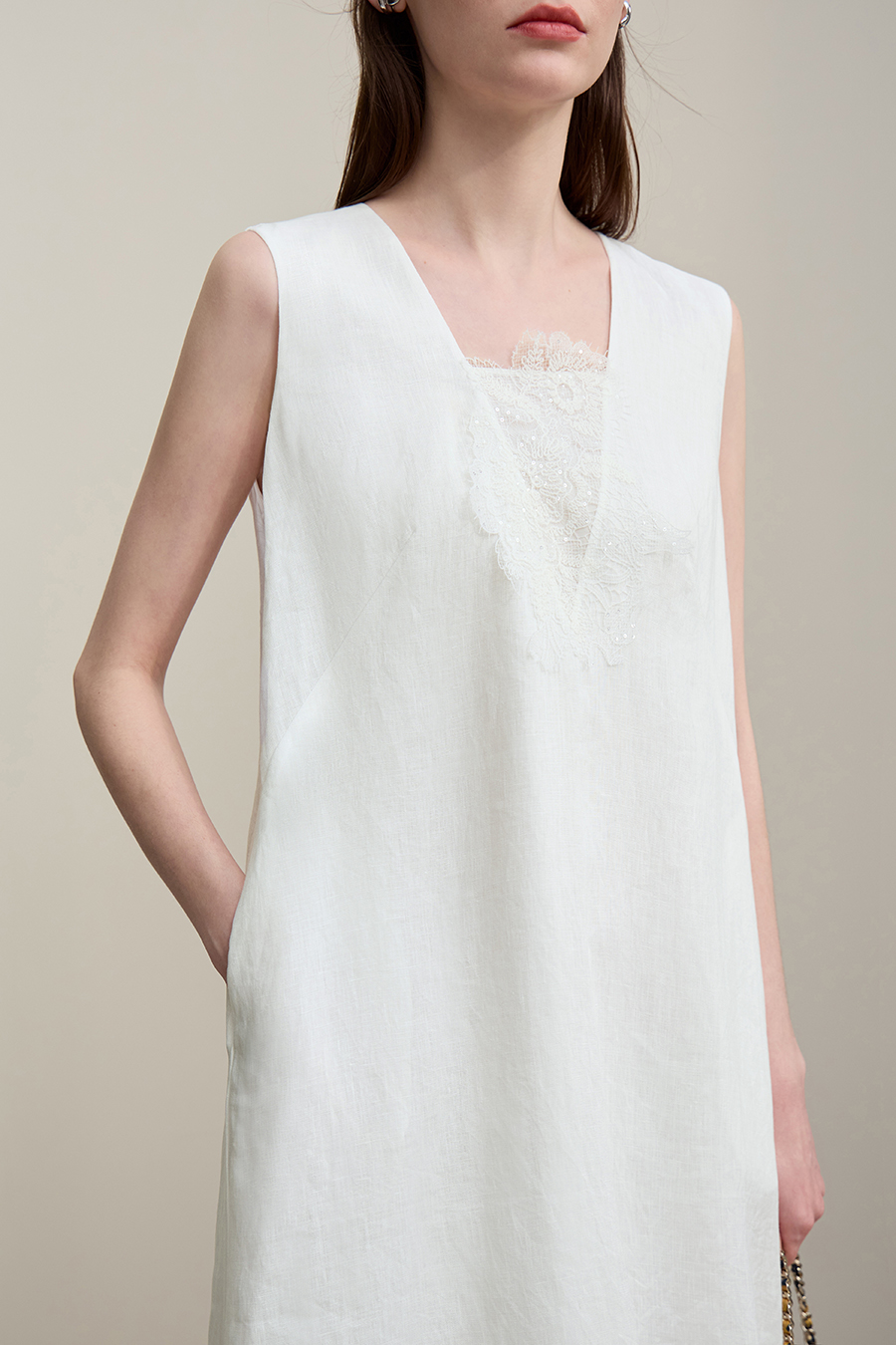 V-Neck Pure Linen Dress|AMII
