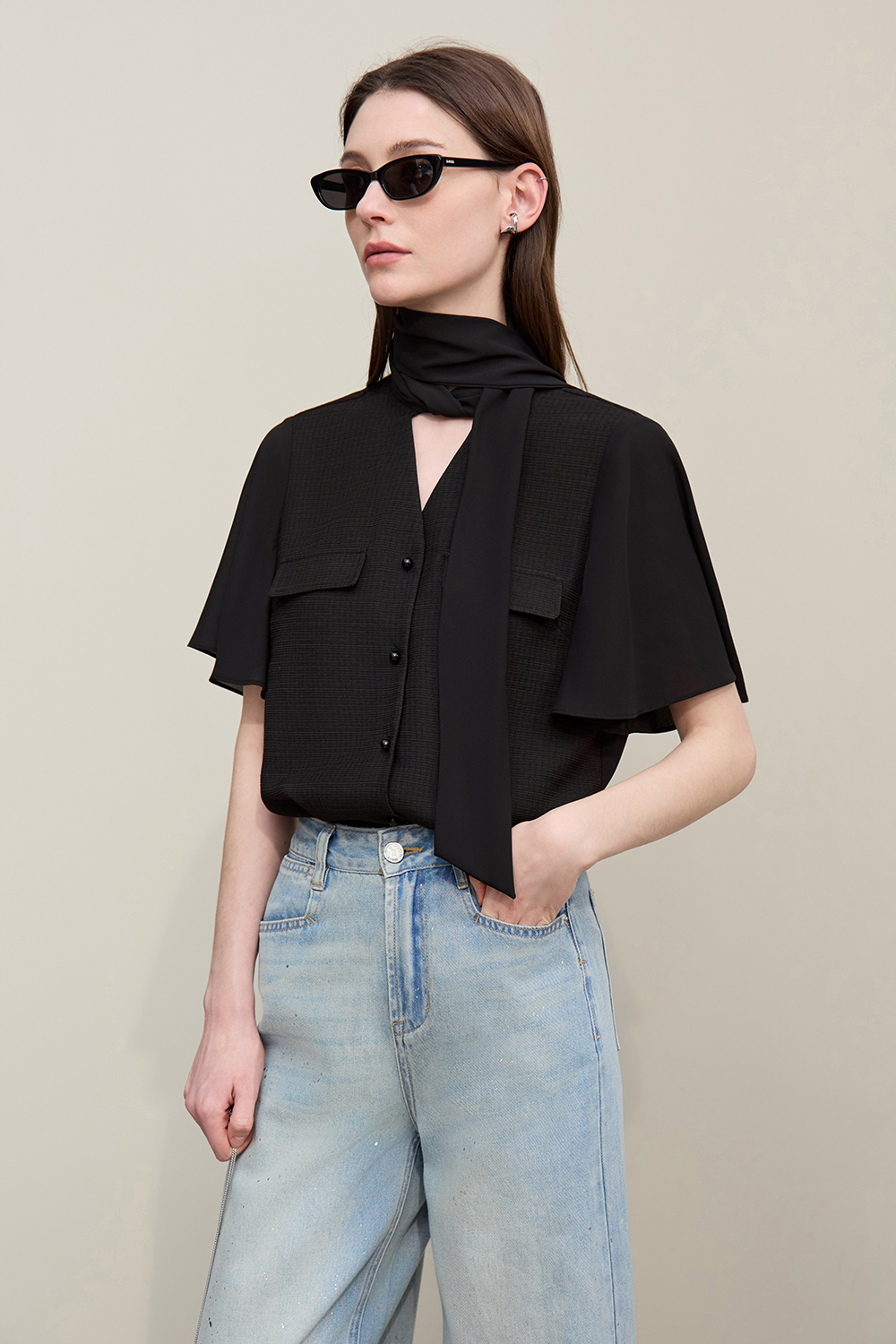 Contrast Fabric Spliced Chiffon Blouse|AMII