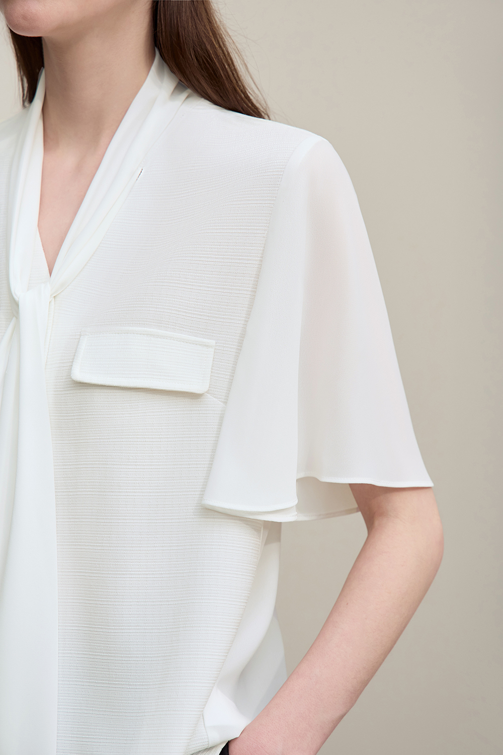 Contrast Fabric Spliced Chiffon Blouse|AMII