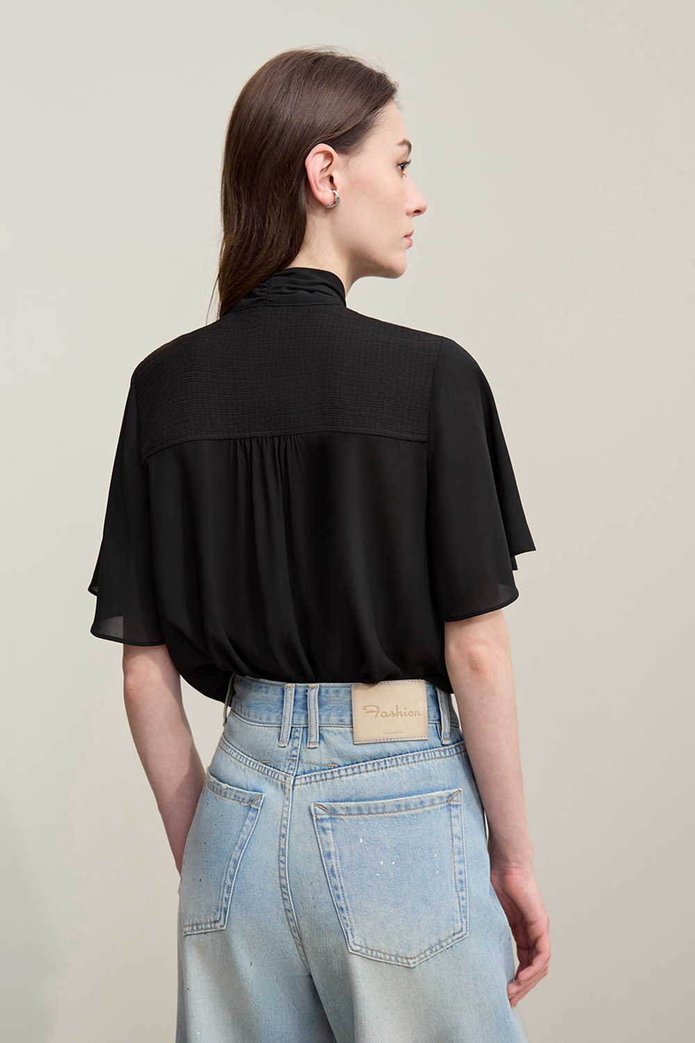 Contrast Fabric Spliced Chiffon Blouse|AMII