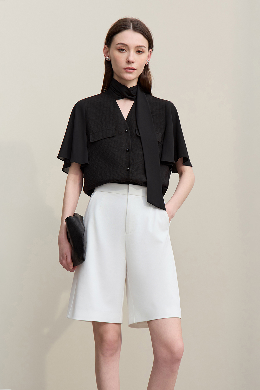 Contrast Fabric Spliced Chiffon Blouse|AMII