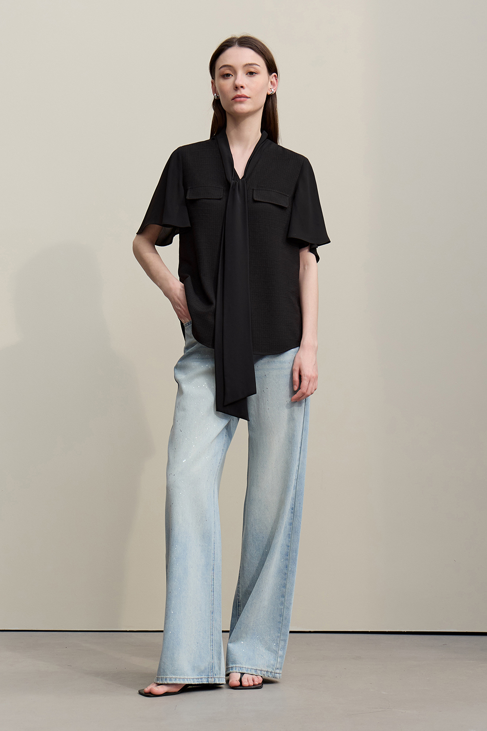 Contrast Fabric Spliced Chiffon Blouse|AMII