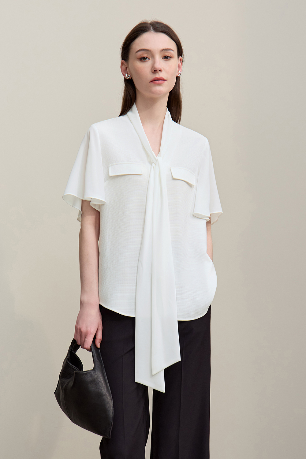 Contrast Fabric Spliced Chiffon Blouse|AMII