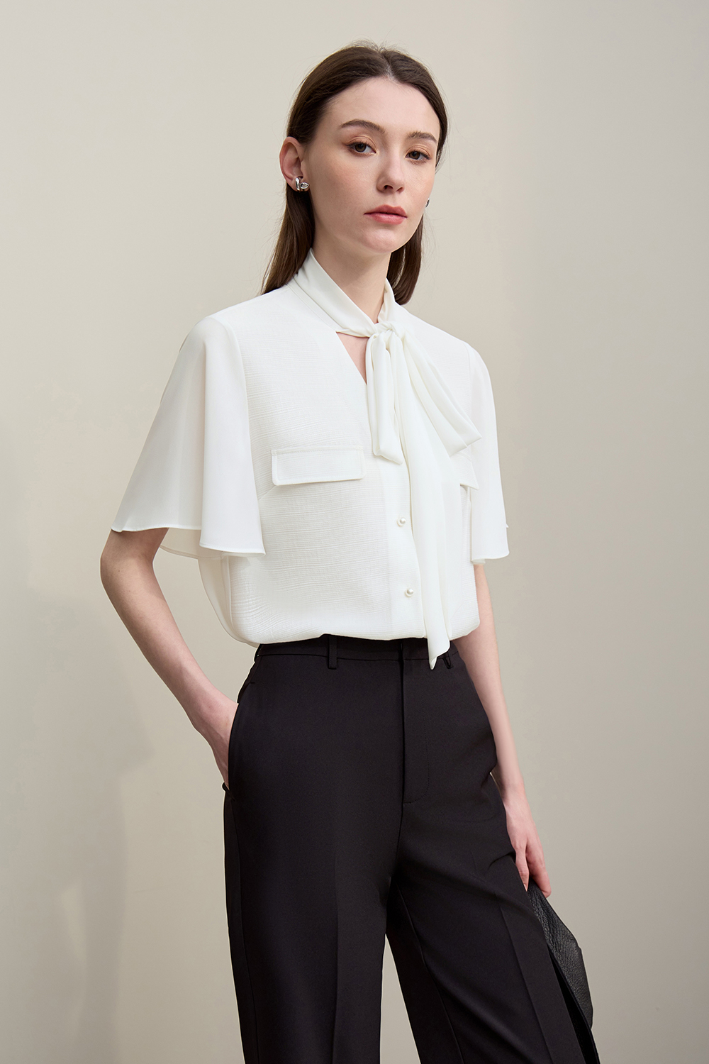 Contrast Fabric Spliced Chiffon Blouse|AMII
