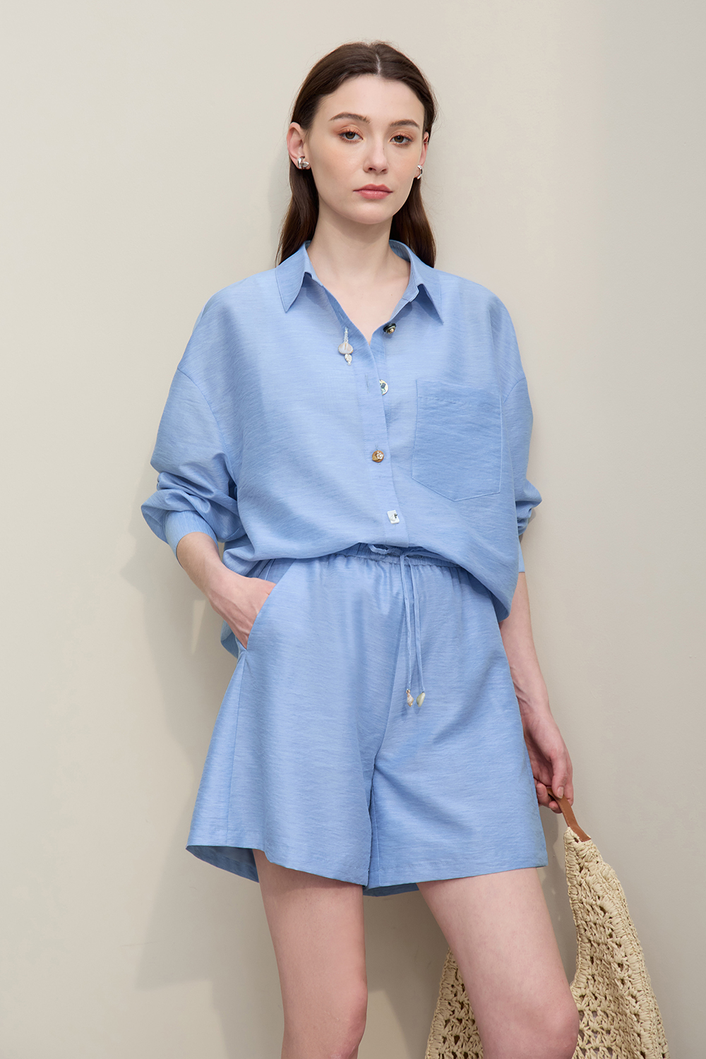 Vacation Drop Shoulder Shirt+Casual Shorts