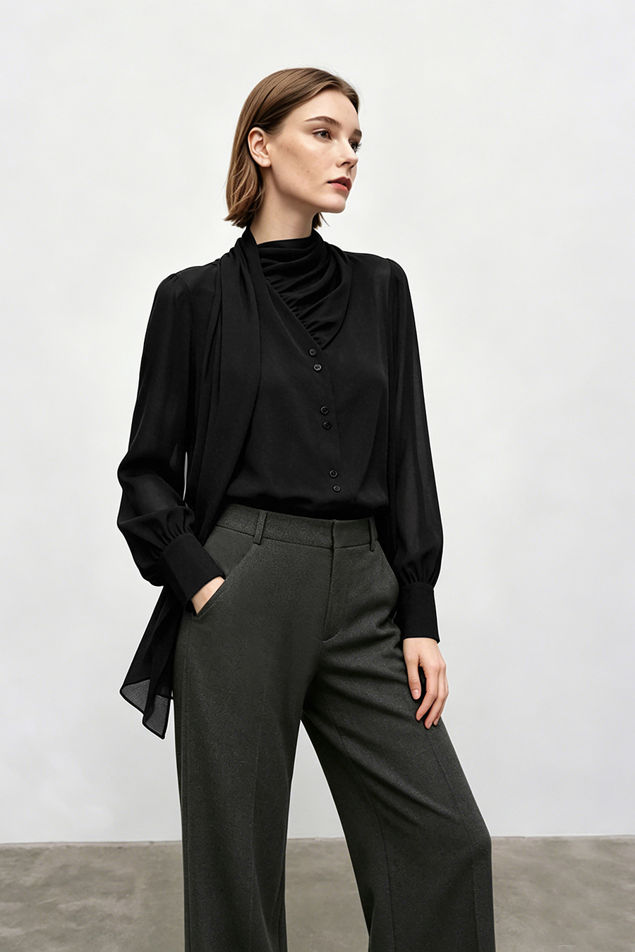V-neck Chiffon Blouse with Ribbons | AMII