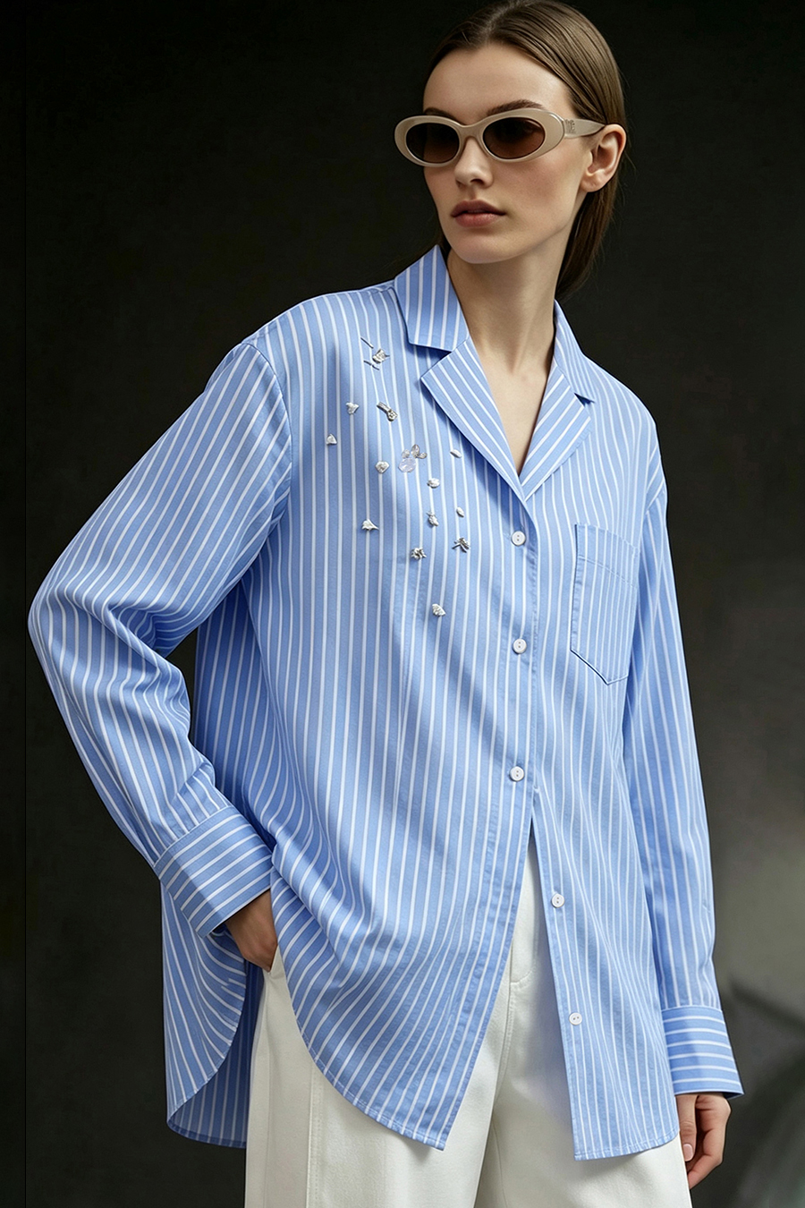 Rhinestone‑Embellished Stripe Shirt|AMII