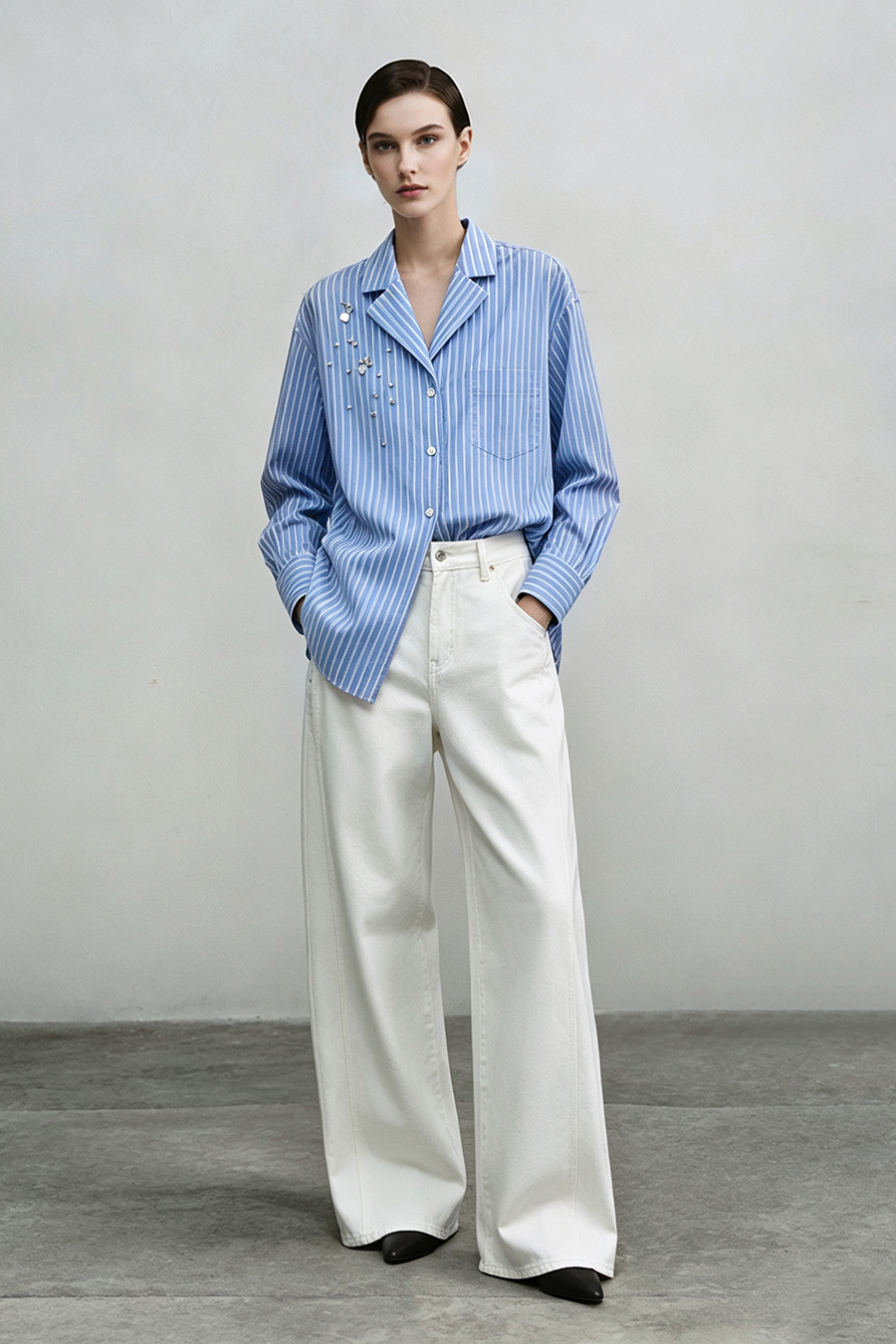 Rhinestone‑Embellished Stripe Shirt|AMII