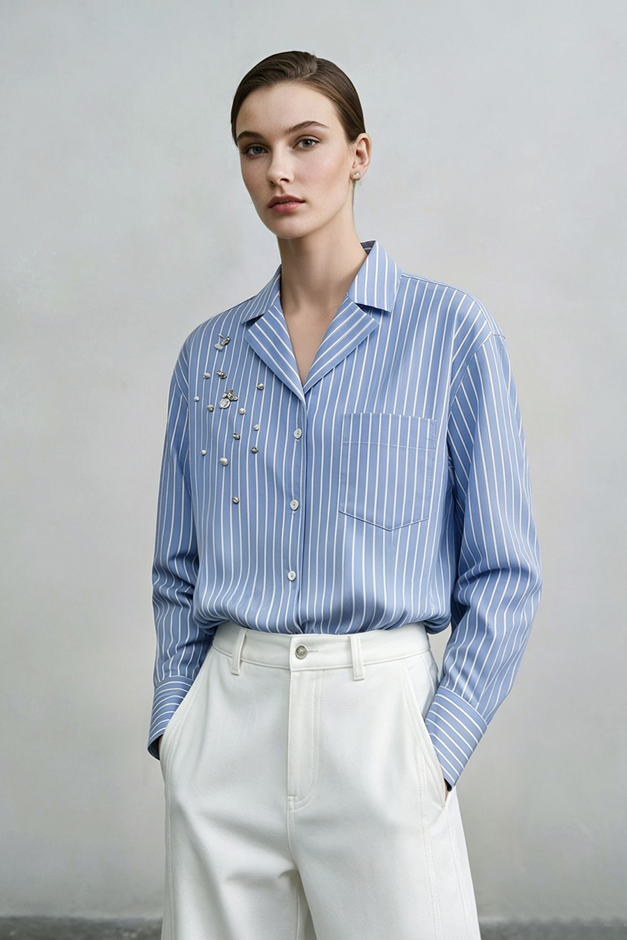 Rhinestone‑Embellished Stripe Shirt|AMII