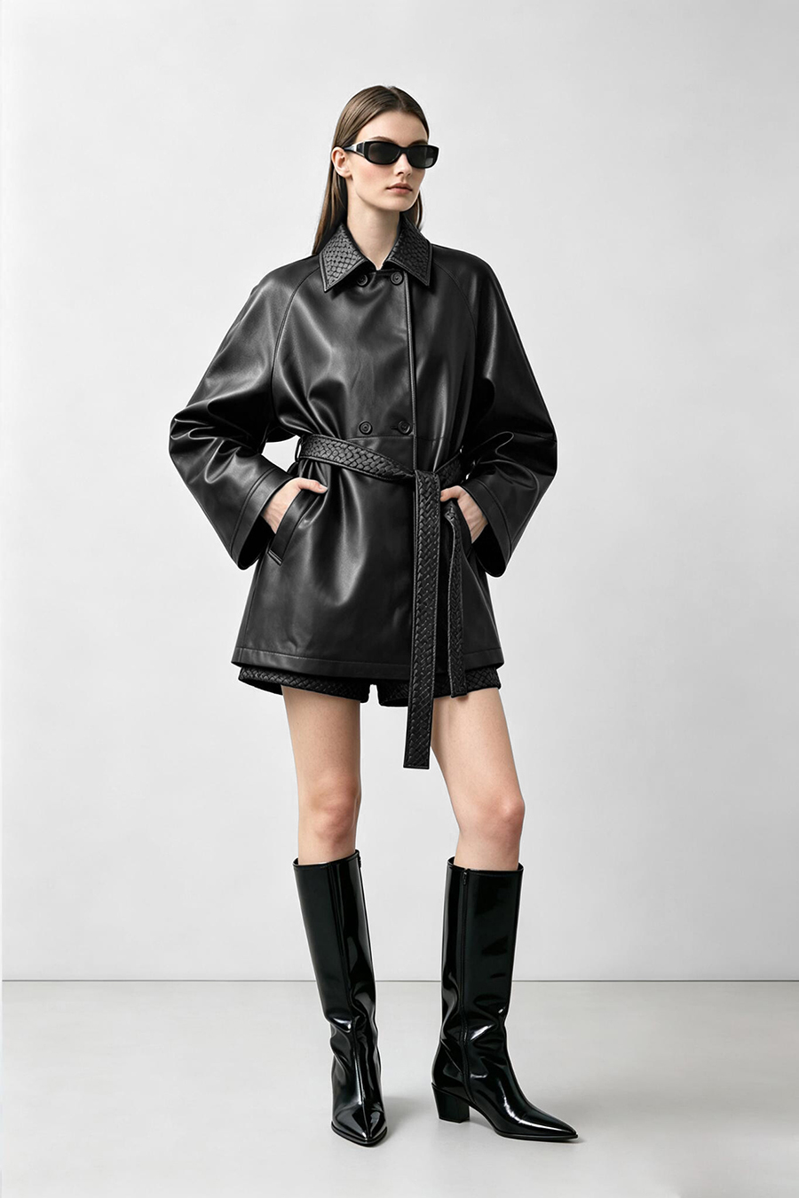 Belted eco‑leather jacket|AMII