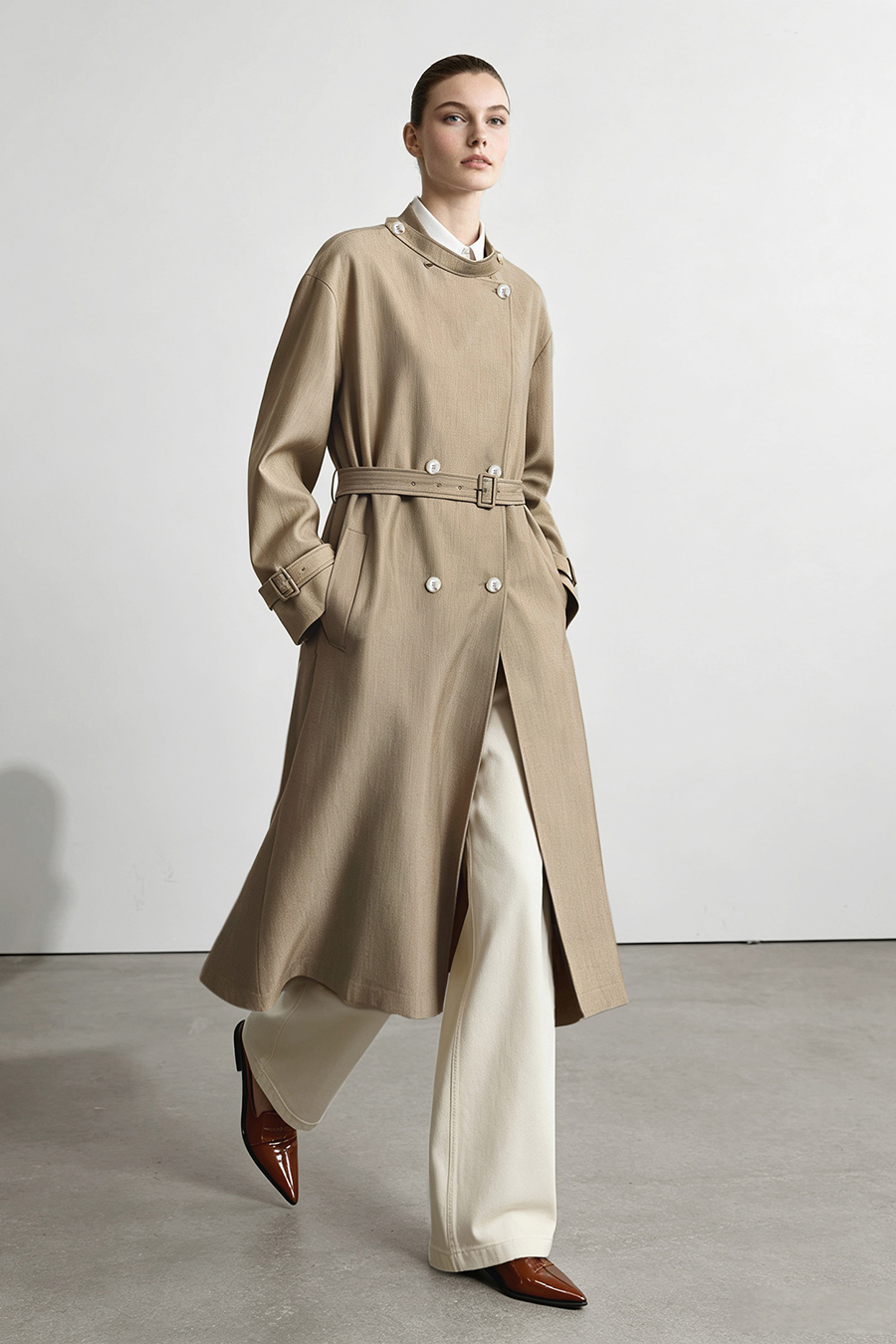 Stand Collar Double-Breasted Trench Coat|AMII