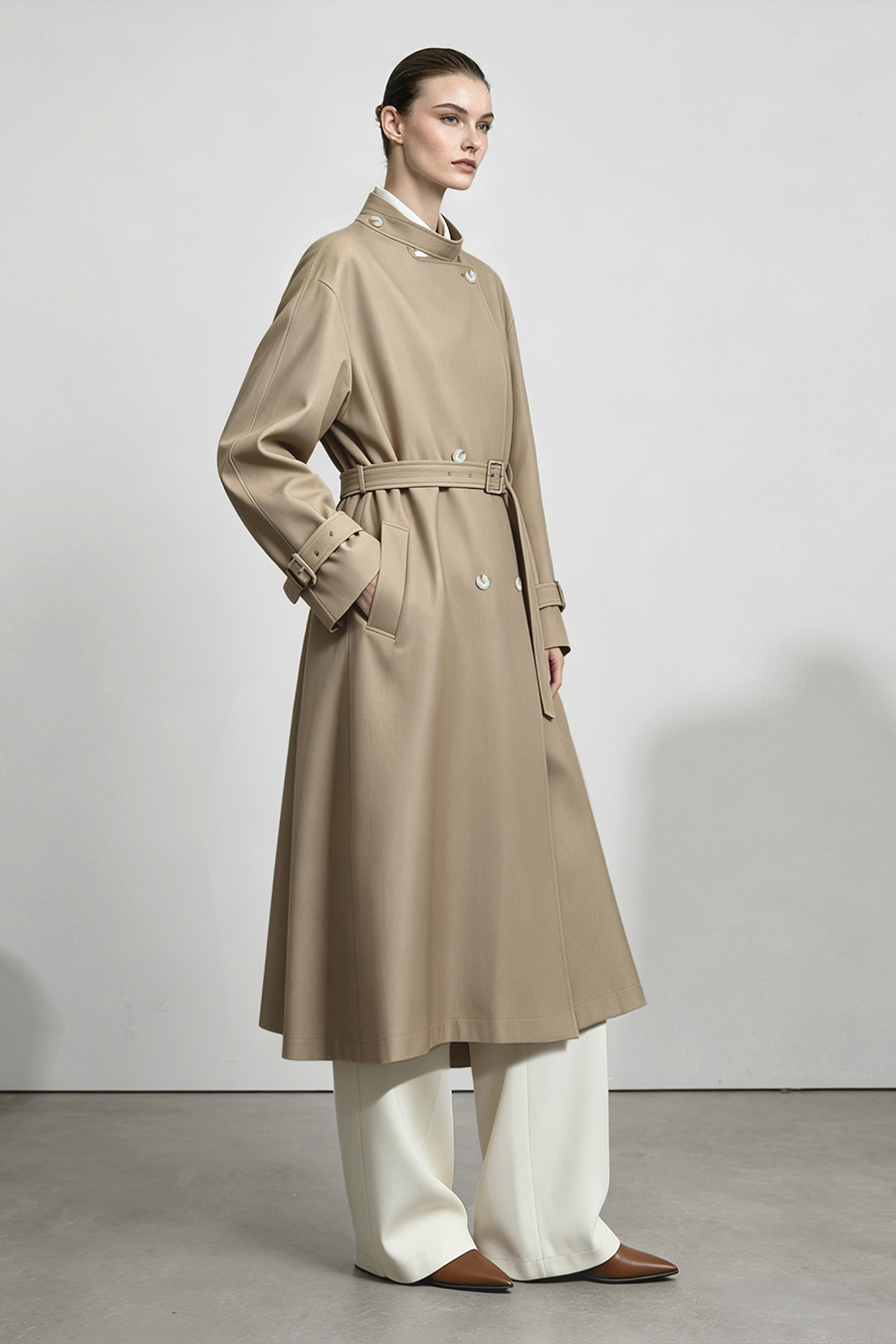 Stand Collar Double-Breasted Trench Coat|AMII