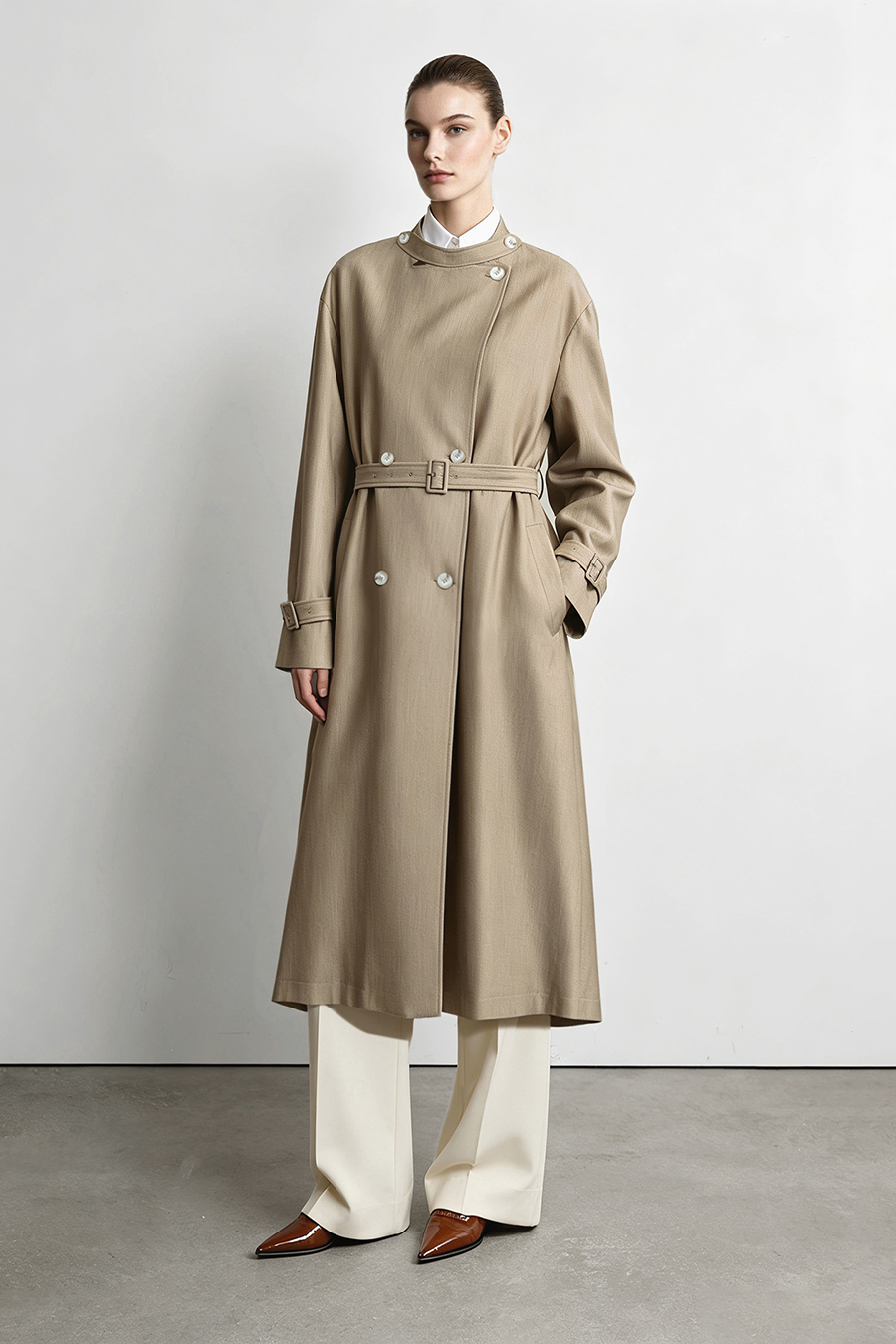 Stand Collar Double-Breasted Trench Coat|AMII