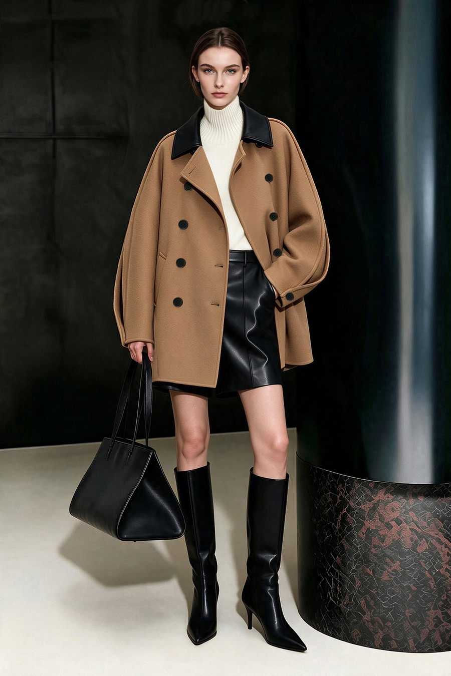 Leather Collar Full Wool Double-Faced Coat|AMII
