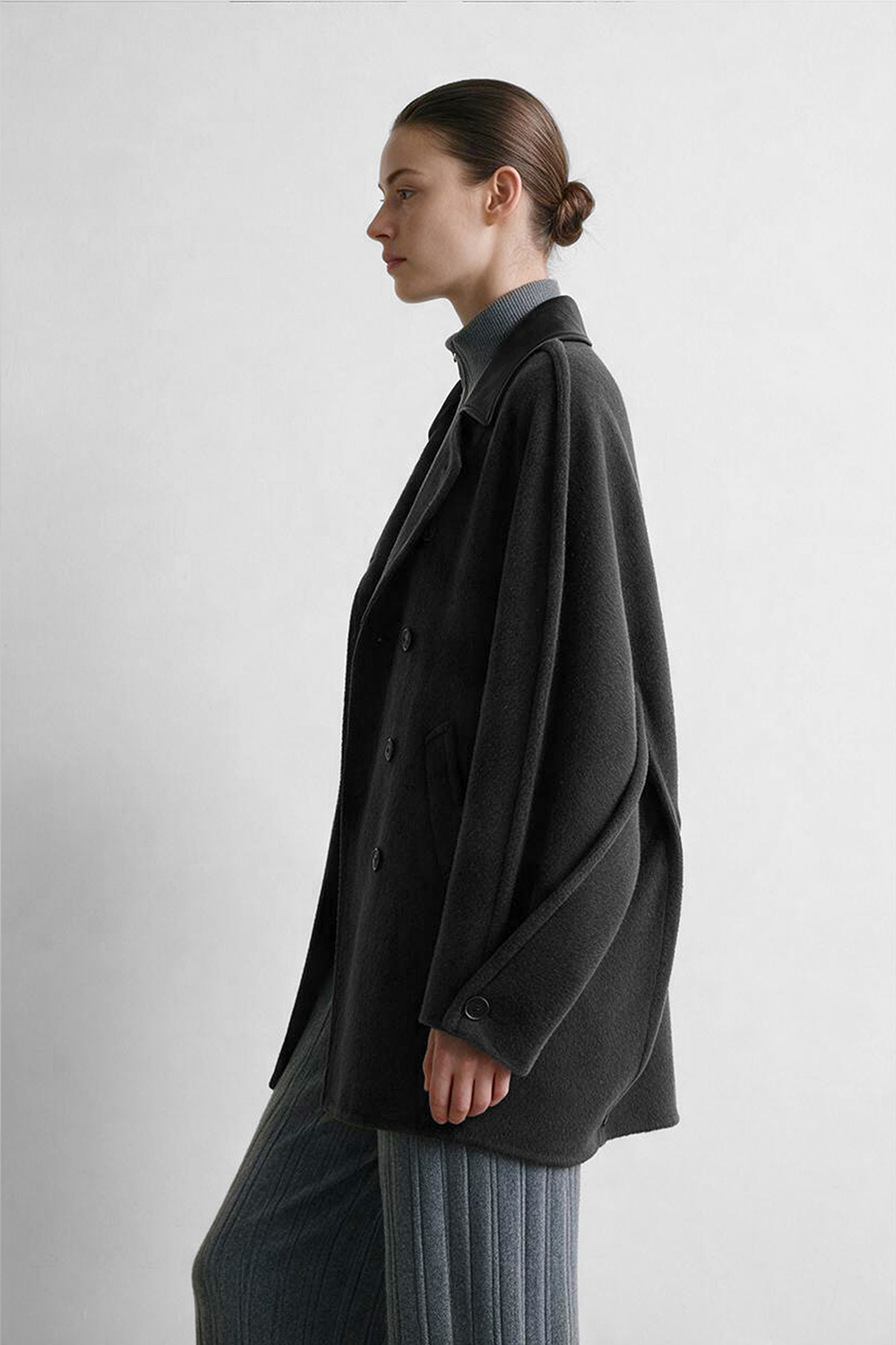 Leather Collar Full Wool Double-Faced Coat|AMII
