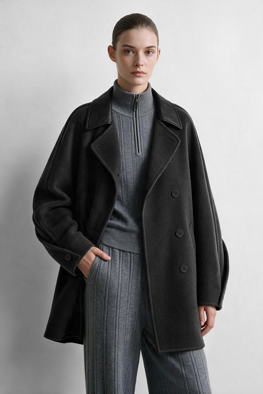 Leather Collar Full Wool Double-Faced Coat|AMII