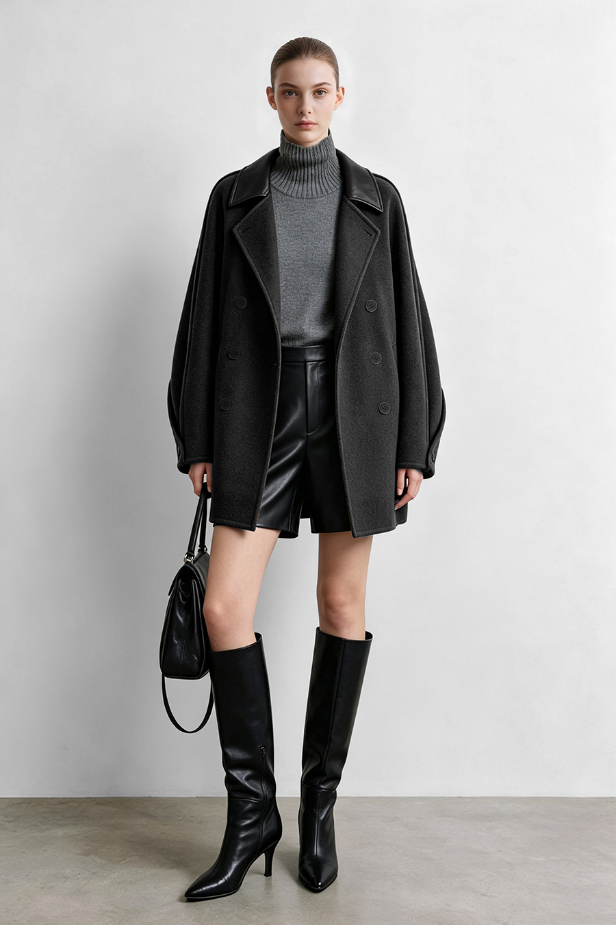 Leather Collar Full Wool Double-Faced Coat|AMII