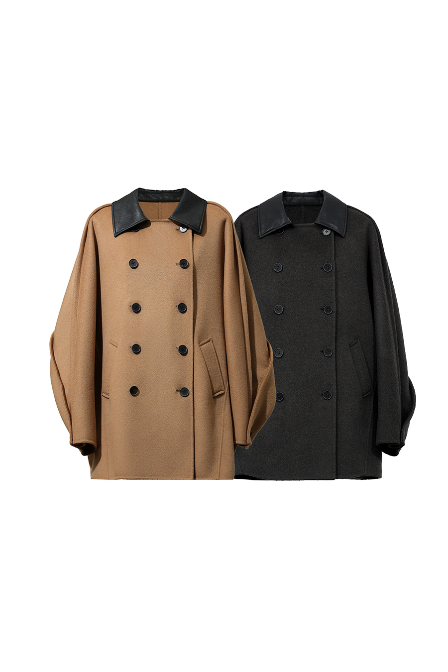 Leather Collar Full Wool Double-Faced Coat|AMII