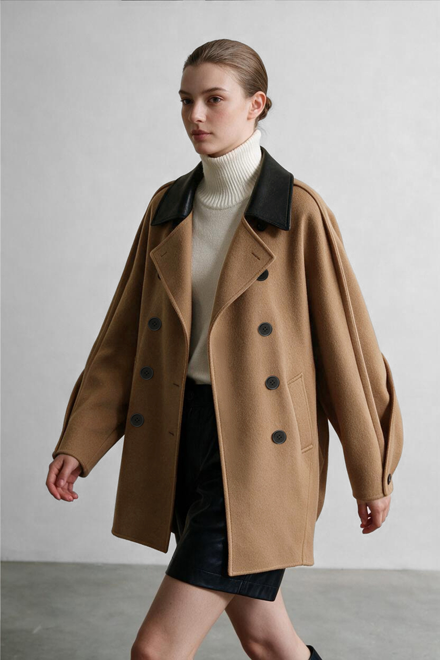 Leather Collar Full Wool Double-Faced Coat|AMII