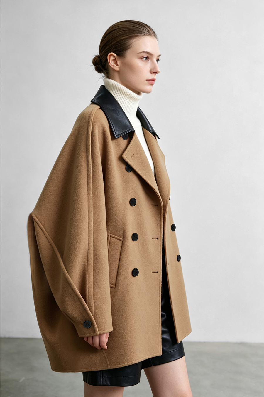 Leather Collar Full Wool Double-Faced Coat|AMII