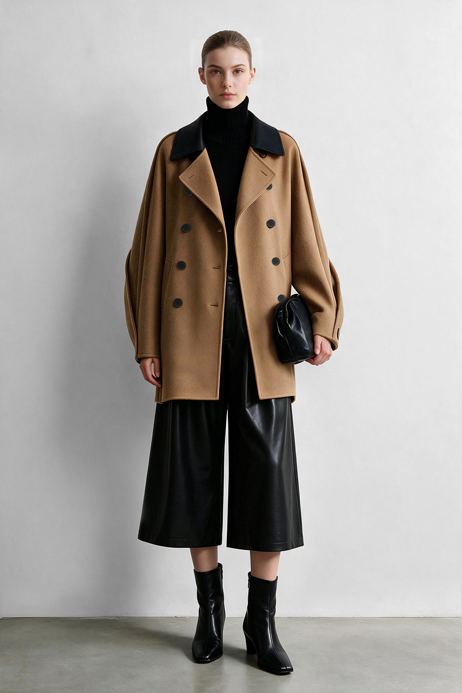 Leather Collar Full Wool Double-Faced Coat|AMII