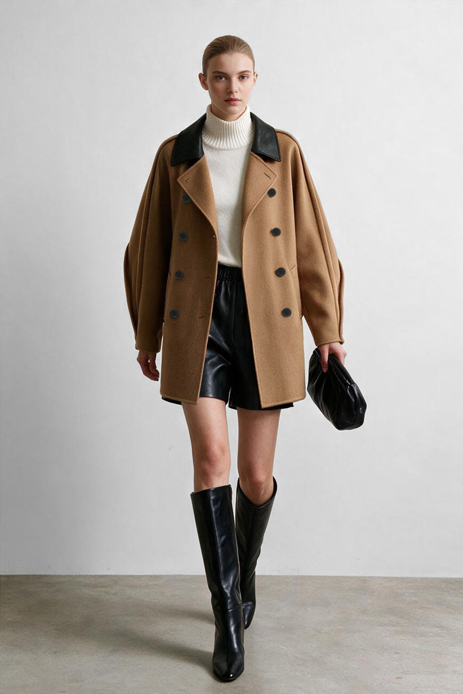 Leather Collar Full Wool Double-Faced Coat|AMII