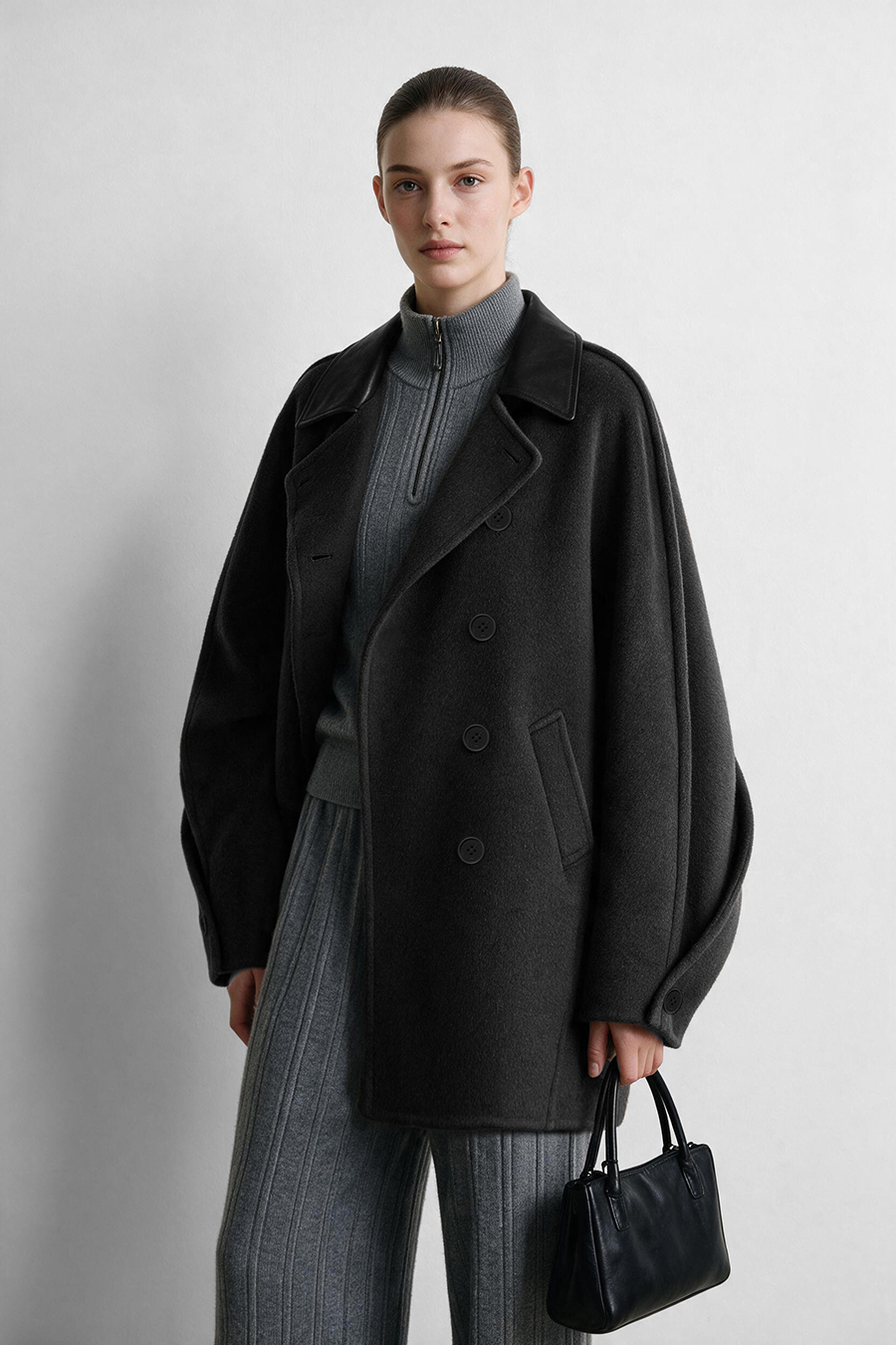 Leather Collar Full Wool Double-Faced Coat|AMII