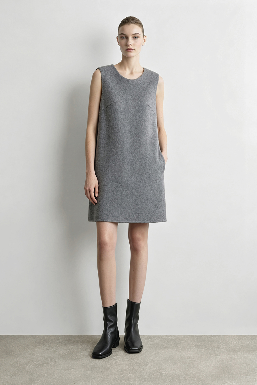 Crew Neck Double-Faced Wool Dress|AMII