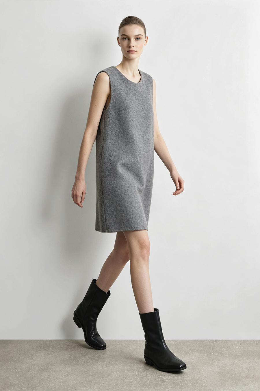 Crew Neck Double-Faced Wool Dress|AMII