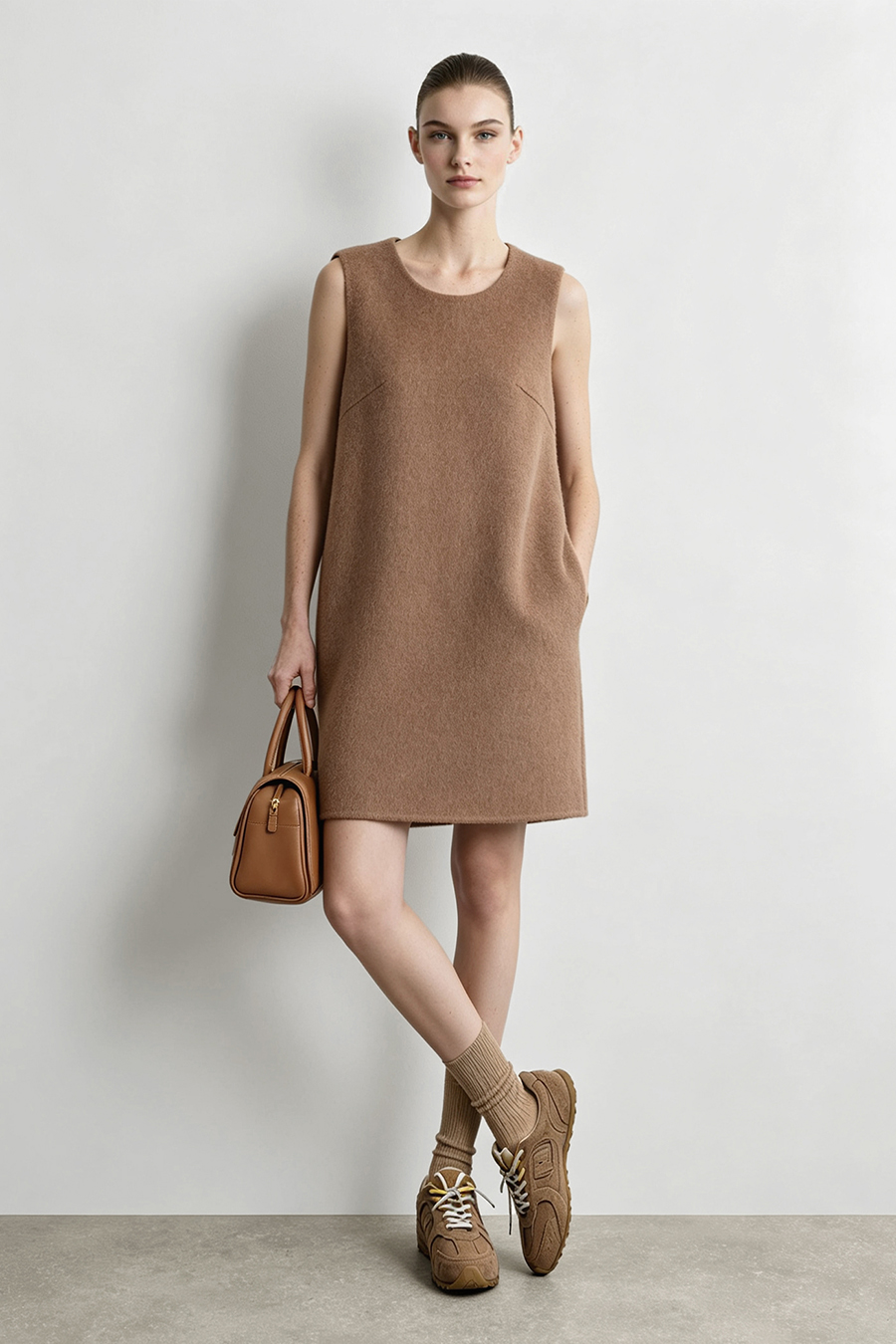 Crew Neck Double-Faced Wool Dress|AMII