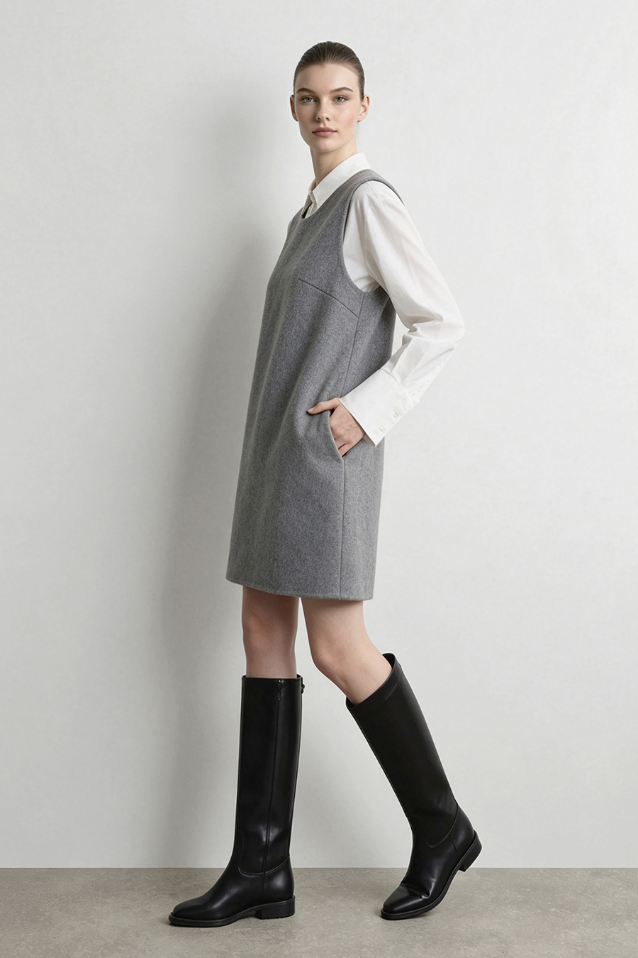 Crew Neck Double-Faced Wool Dress|AMII