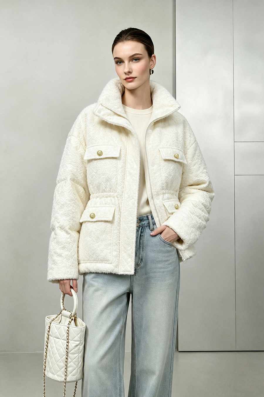 Stand Collar Jacquard Down Jacket|AMII