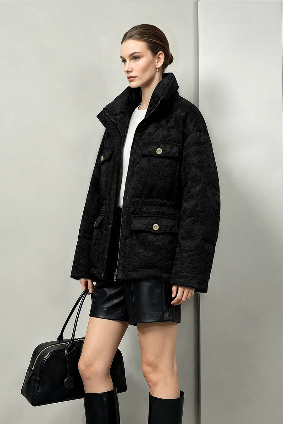 Stand Collar Jacquard Down Jacket|AMII